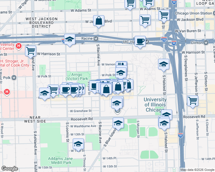 map of restaurants, bars, coffee shops, grocery stores, and more near 902 South May Street in Chicago