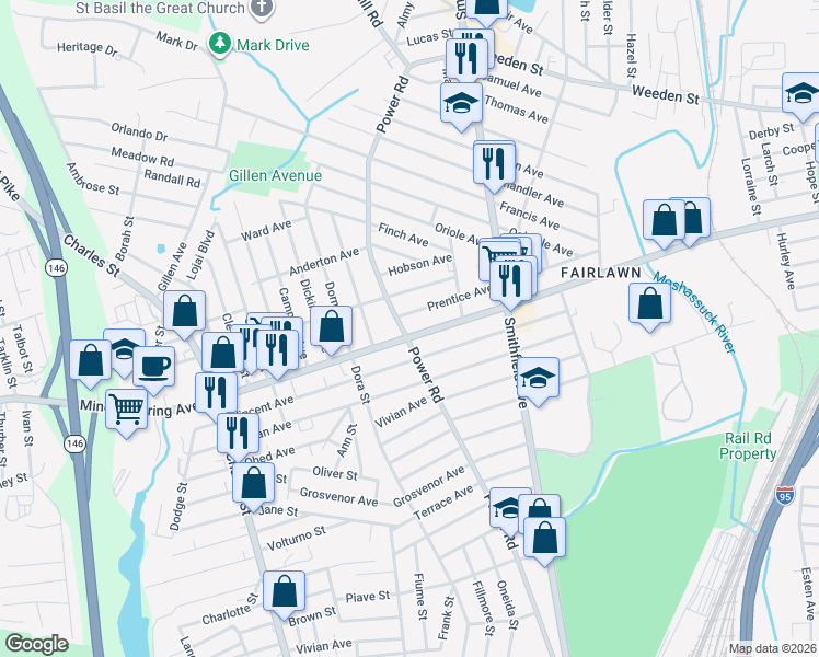 map of restaurants, bars, coffee shops, grocery stores, and more near 883 Mineral Spring Avenue in Pawtucket