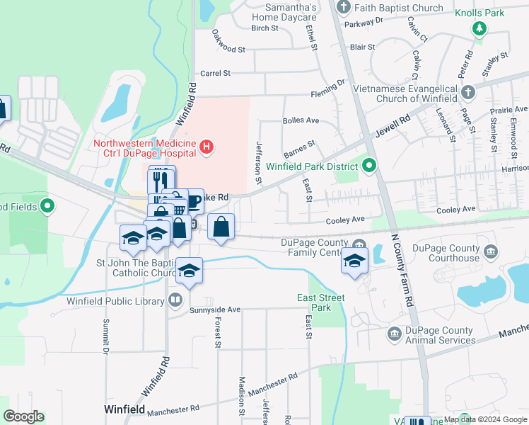 map of restaurants, bars, coffee shops, grocery stores, and more near 27W241 Jewell Road in Winfield