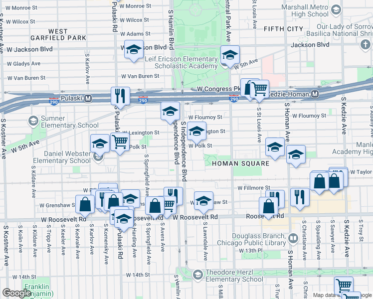 map of restaurants, bars, coffee shops, grocery stores, and more near 805 South Independence Boulevard in Chicago