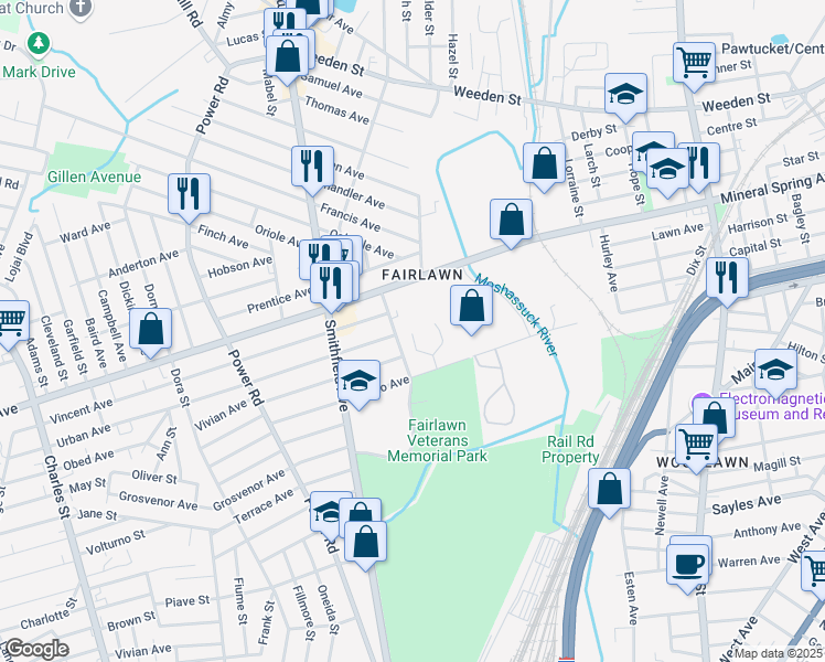 map of restaurants, bars, coffee shops, grocery stores, and more near 39 Kings Estates Road in Pawtucket