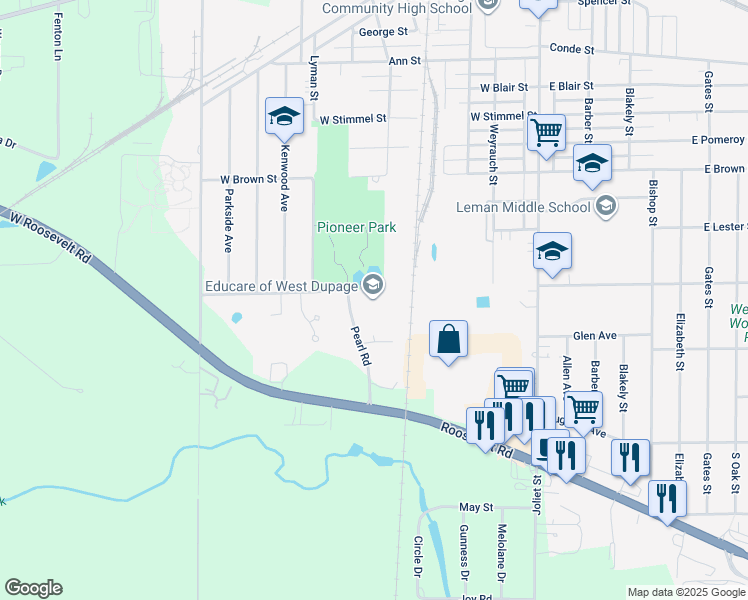 map of restaurants, bars, coffee shops, grocery stores, and more near 851 Pearl Road in West Chicago