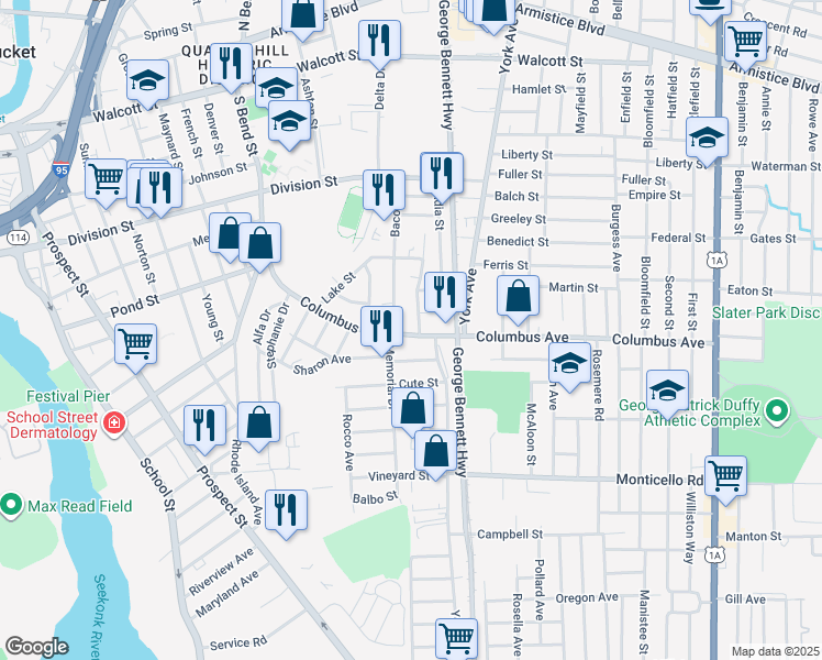 map of restaurants, bars, coffee shops, grocery stores, and more near 121 Bacon Street in Pawtucket