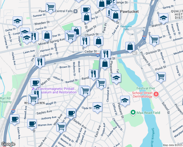 map of restaurants, bars, coffee shops, grocery stores, and more near 71 Pine Street in Pawtucket