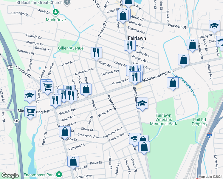 map of restaurants, bars, coffee shops, grocery stores, and more near 100 Prentice Avenue in Pawtucket