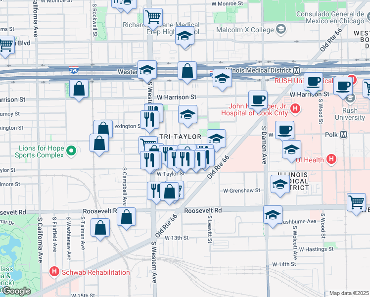 map of restaurants, bars, coffee shops, grocery stores, and more near 810 South Oakley Boulevard in Chicago