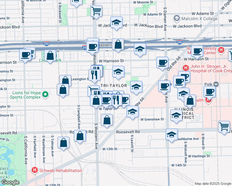 map of restaurants, bars, coffee shops, grocery stores, and more near 810 South Oakley Boulevard in Chicago