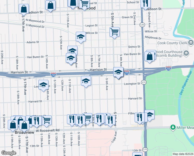 map of restaurants, bars, coffee shops, grocery stores, and more near 1804 South 7th Avenue in Maywood