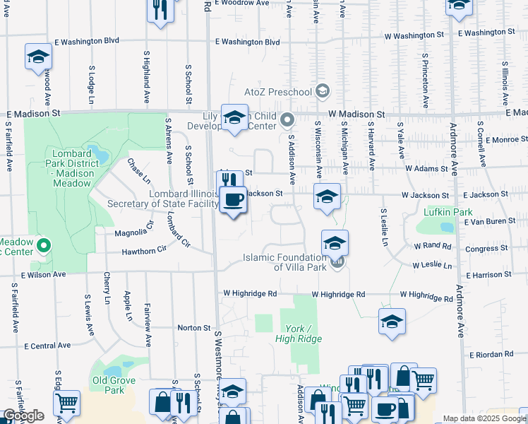 map of restaurants, bars, coffee shops, grocery stores, and more near 1114 Cambria Lane North in Lombard