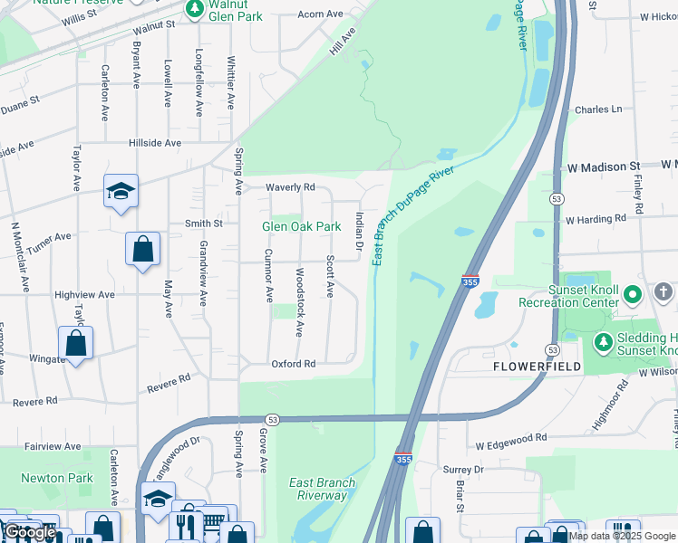 map of restaurants, bars, coffee shops, grocery stores, and more near 980 Roslyn Road in Glen Ellyn