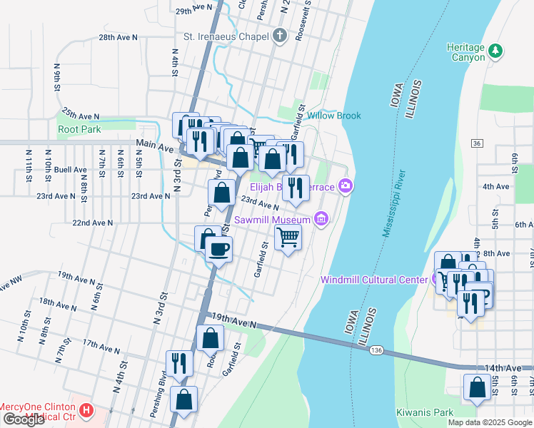 map of restaurants, bars, coffee shops, grocery stores, and more near 86 23rd Avenue North in Clinton