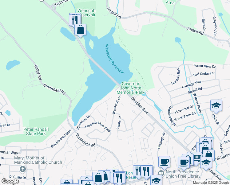 map of restaurants, bars, coffee shops, grocery stores, and more near 1800 Douglas Avenue in North Providence