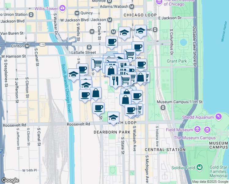 map of restaurants, bars, coffee shops, grocery stores, and more near South Plymouth Court in Chicago