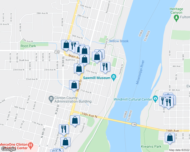map of restaurants, bars, coffee shops, grocery stores, and more near 86 23rd Avenue North in Clinton