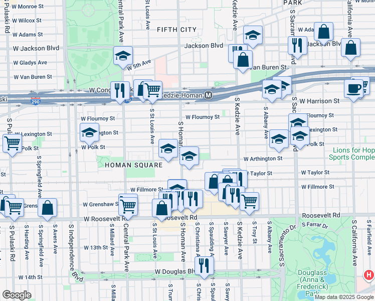 map of restaurants, bars, coffee shops, grocery stores, and more near 3343 West Polk Street in Chicago