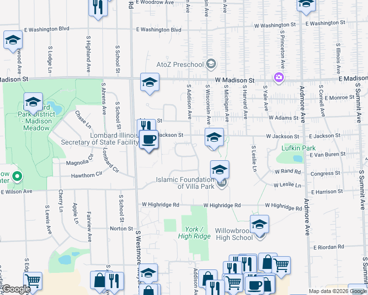 map of restaurants, bars, coffee shops, grocery stores, and more near 1148 Cambria Lane North in Lombard