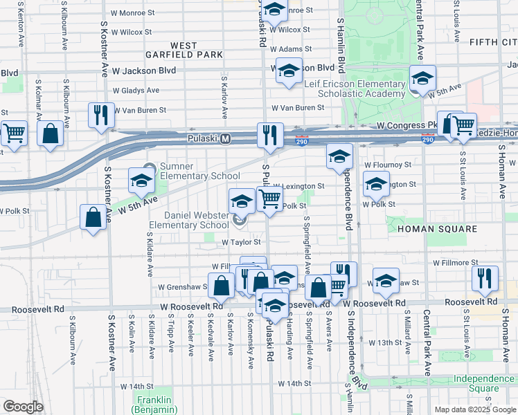map of restaurants, bars, coffee shops, grocery stores, and more near 4009 West Polk Street in Chicago
