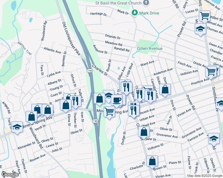 map of restaurants, bars, coffee shops, grocery stores, and more near 1 Santini Street in North Providence