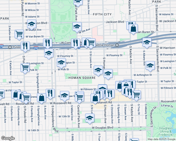 map of restaurants, bars, coffee shops, grocery stores, and more near 3518 West Polk Street in Chicago