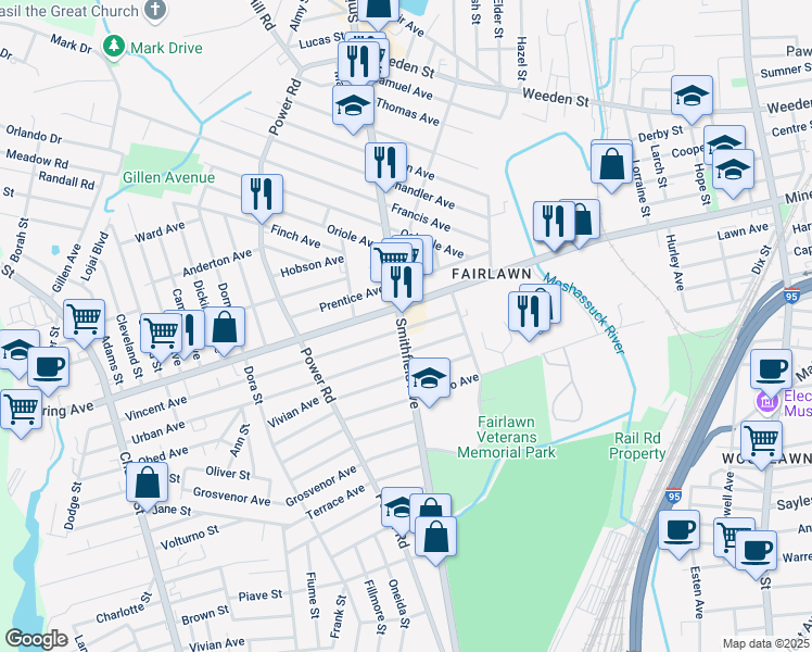 map of restaurants, bars, coffee shops, grocery stores, and more near 375 Smithfield Avenue in Pawtucket