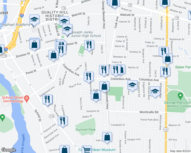 map of restaurants, bars, coffee shops, grocery stores, and more near 121 Bacon Street in Pawtucket