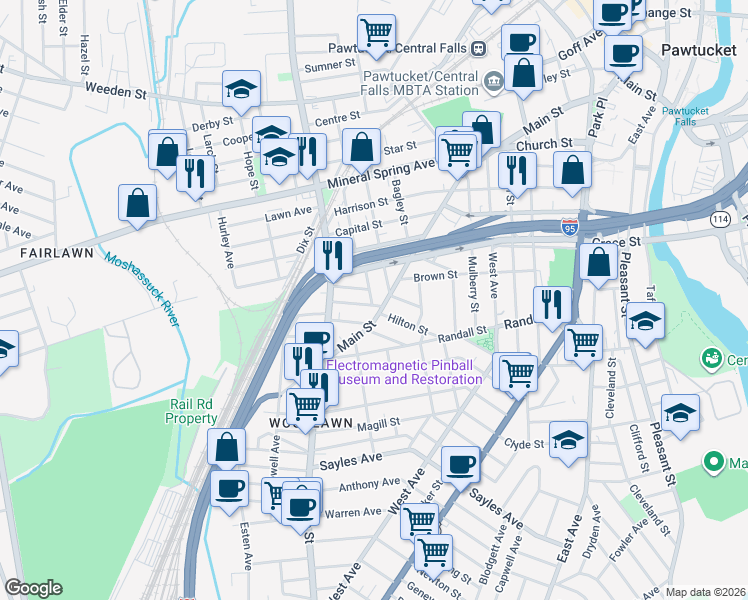 map of restaurants, bars, coffee shops, grocery stores, and more near 12 Carson Street in Pawtucket