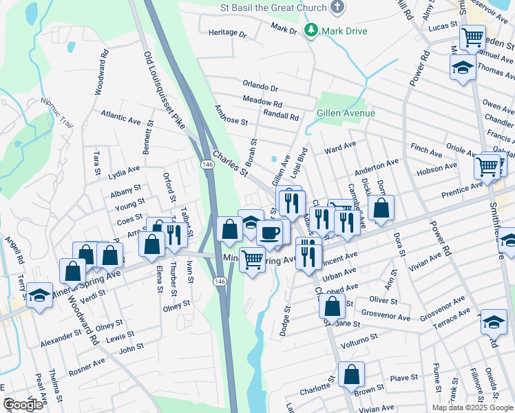 map of restaurants, bars, coffee shops, grocery stores, and more near 1 Santini Street in North Providence
