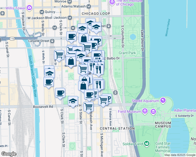 map of restaurants, bars, coffee shops, grocery stores, and more near in Chicago