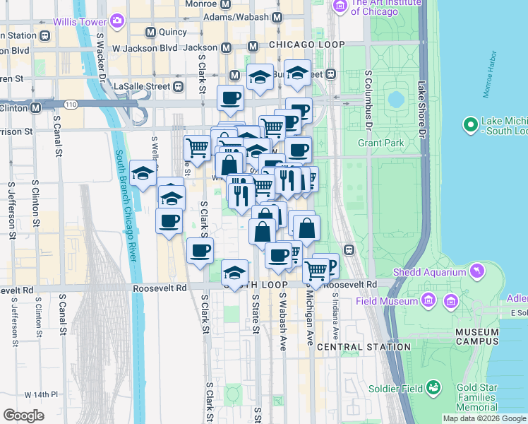 map of restaurants, bars, coffee shops, grocery stores, and more near 900 South State Street in Chicago