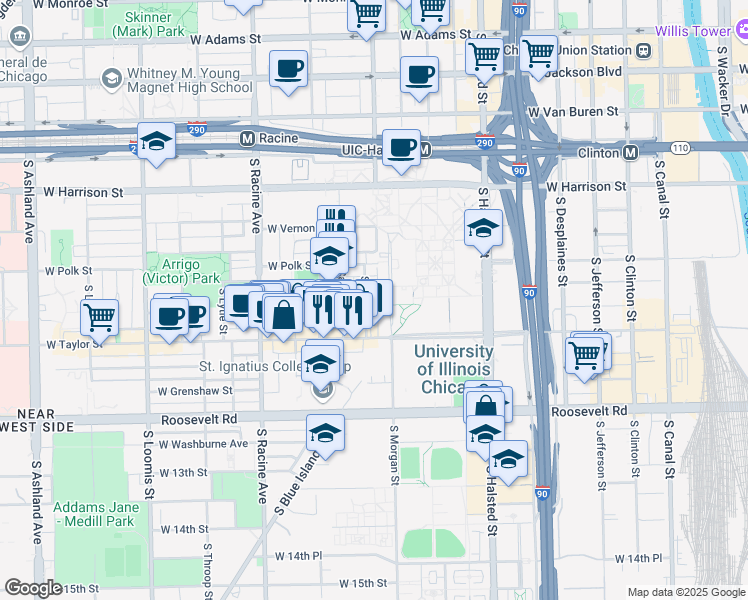 map of restaurants, bars, coffee shops, grocery stores, and more near 828 South Miller Street in Chicago