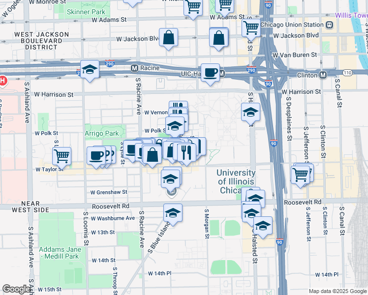 map of restaurants, bars, coffee shops, grocery stores, and more near 828 South Miller Street in Chicago