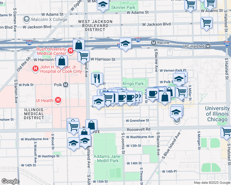 map of restaurants, bars, coffee shops, grocery stores, and more near 820 South Bishop Street in Chicago