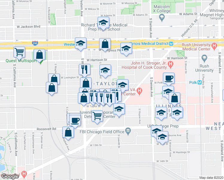 map of restaurants, bars, coffee shops, grocery stores, and more near 808 South Bell Avenue in Chicago