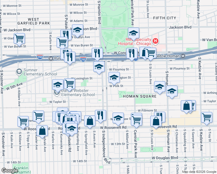 map of restaurants, bars, coffee shops, grocery stores, and more near 801 South Independence Boulevard in Chicago
