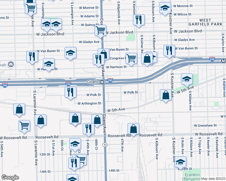 map of restaurants, bars, coffee shops, grocery stores, and more near 4743 West Lexington Street in Chicago