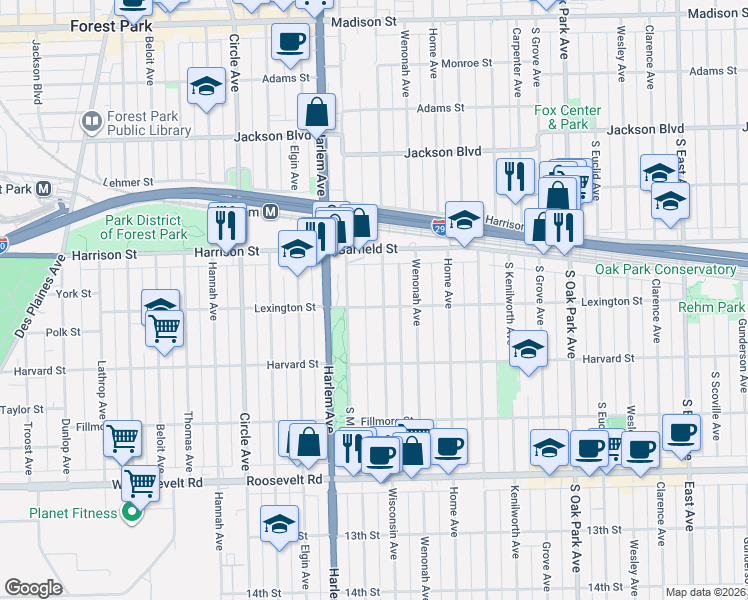 map of restaurants, bars, coffee shops, grocery stores, and more near 939 Wisconsin Avenue in Oak Park