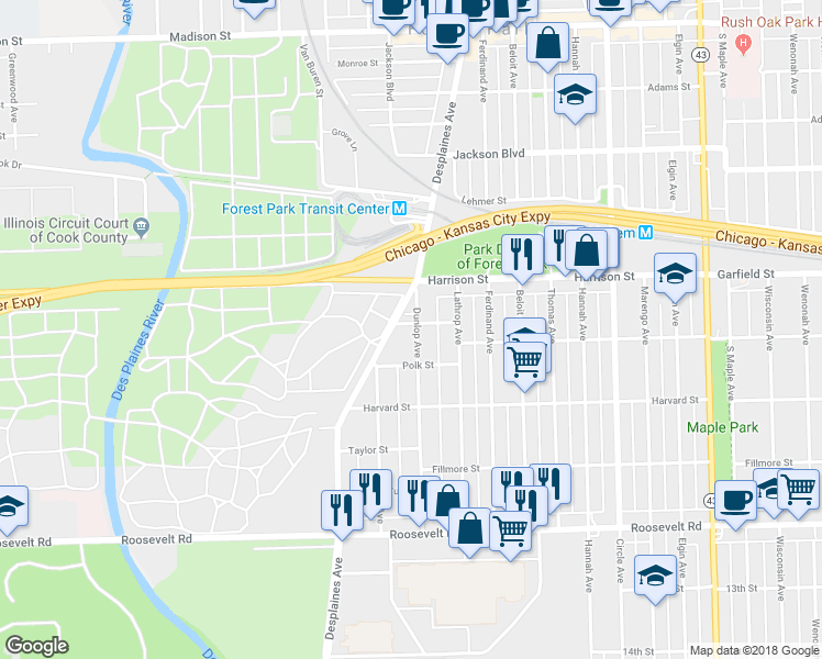 map of restaurants, bars, coffee shops, grocery stores, and more near 7641 York Street in Forest Park