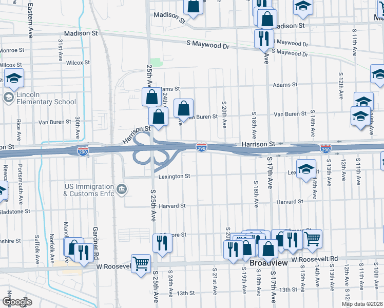 map of restaurants, bars, coffee shops, grocery stores, and more near 1808 South 22nd Avenue in Maywood