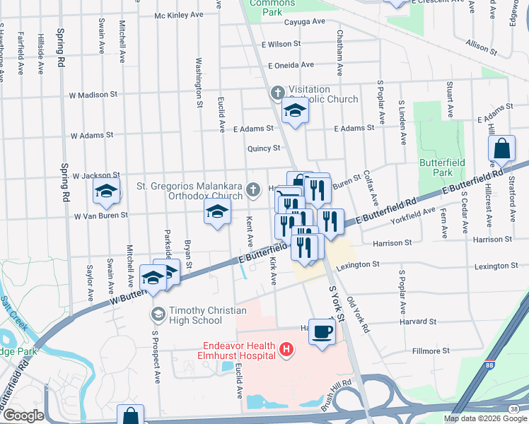 map of restaurants, bars, coffee shops, grocery stores, and more near 147 East Van Buren Street in Elmhurst