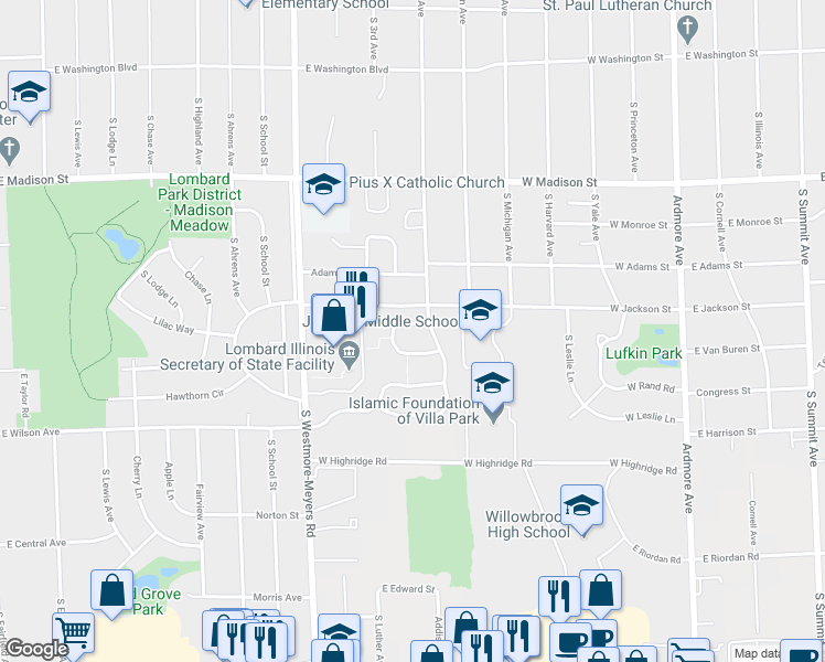 map of restaurants, bars, coffee shops, grocery stores, and more near 1148 Cambria Lane North in Lombard