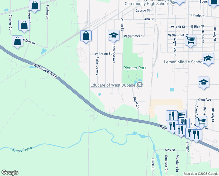 map of restaurants, bars, coffee shops, grocery stores, and more near 843 Lincoln Avenue in West Chicago