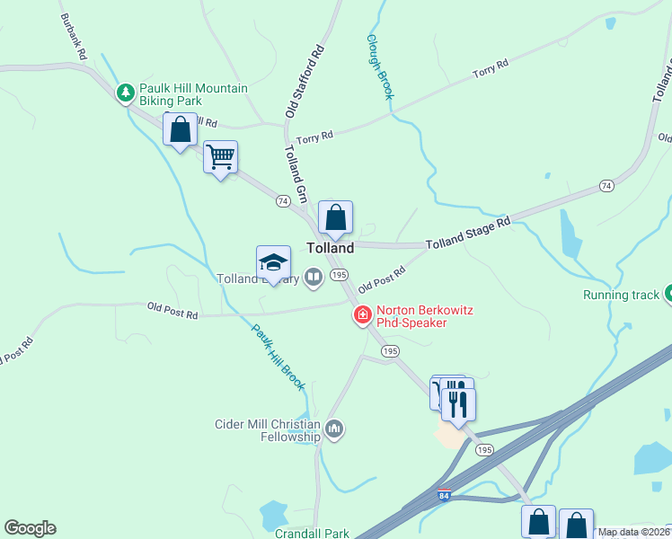 map of restaurants, bars, coffee shops, grocery stores, and more near 53 Tolland Green in Tolland