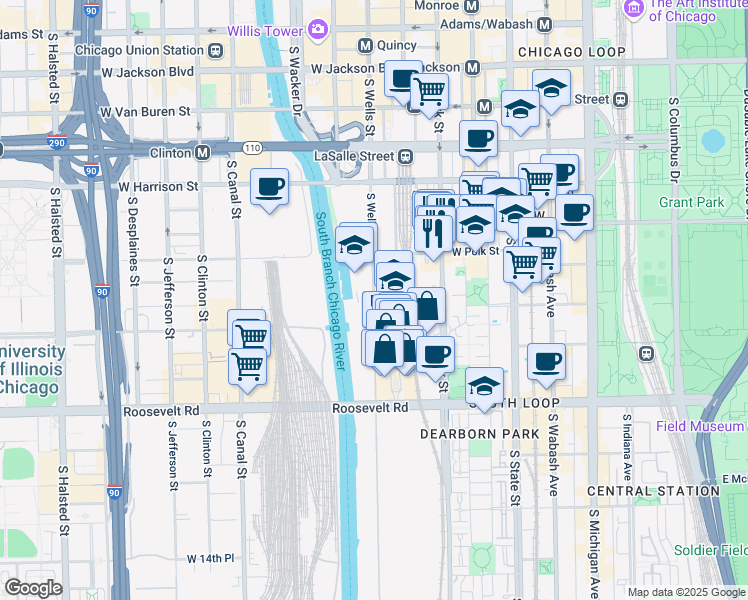 map of restaurants, bars, coffee shops, grocery stores, and more near S Wells St & W 9th St in Chicago