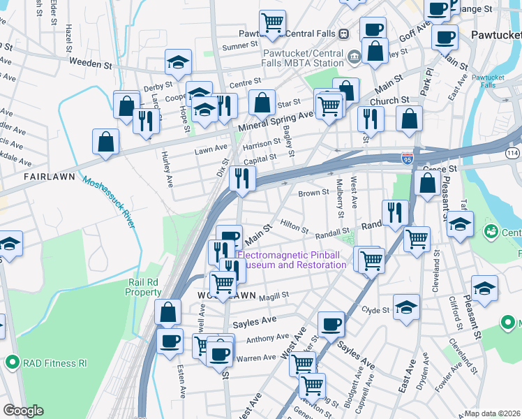 map of restaurants, bars, coffee shops, grocery stores, and more near 12 Carson Street in Pawtucket