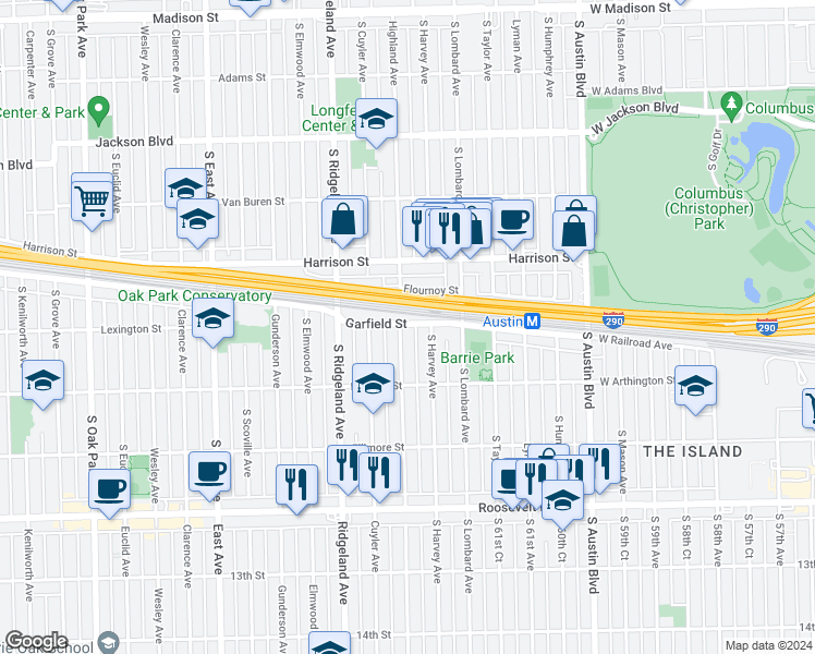 map of restaurants, bars, coffee shops, grocery stores, and more near 1000 Highland Avenue in Oak Park