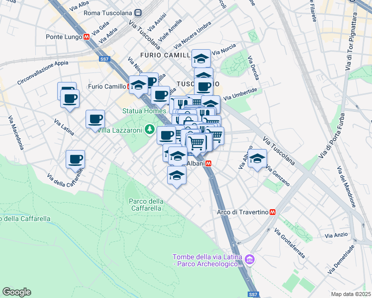 map of restaurants, bars, coffee shops, grocery stores, and more near 566A Via Appia Nuova in Rome