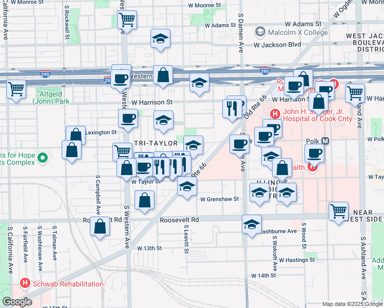 map of restaurants, bars, coffee shops, grocery stores, and more near 811 South Leavitt Street in Chicago