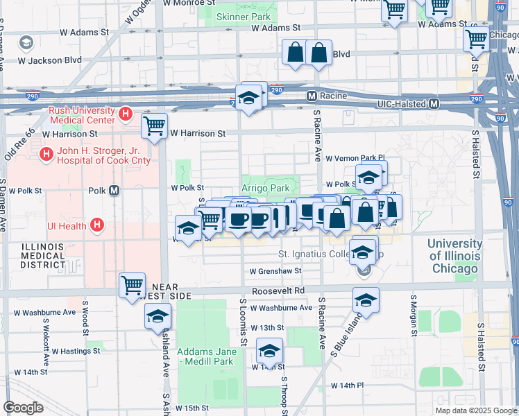 map of restaurants, bars, coffee shops, grocery stores, and more near 830 South Ada Street in Chicago