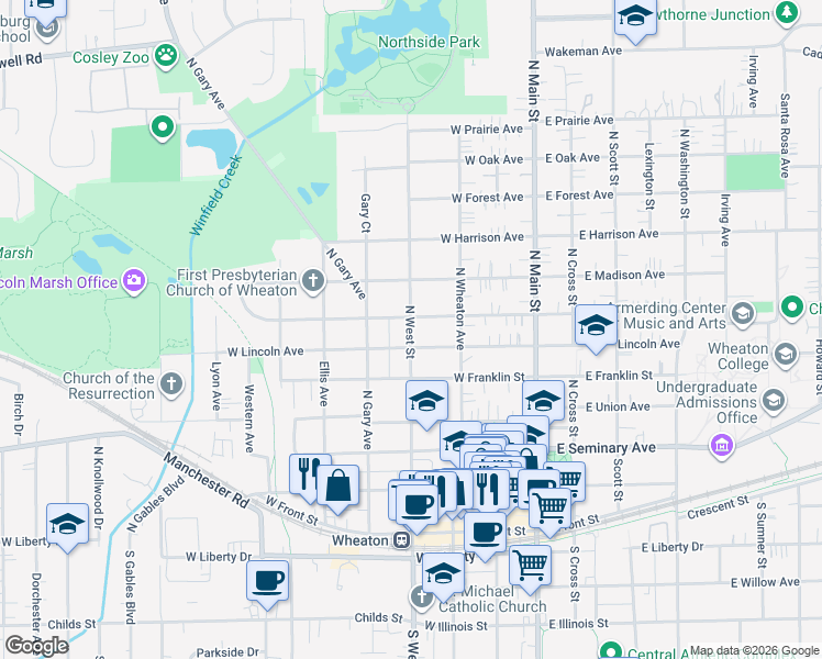 map of restaurants, bars, coffee shops, grocery stores, and more near North West Street in Wheaton