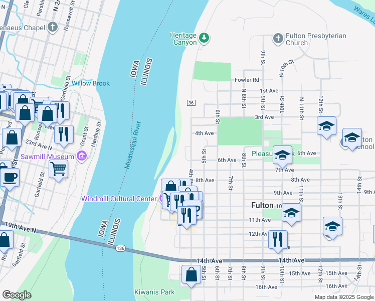 map of restaurants, bars, coffee shops, grocery stores, and more near 504 4th Street in Fulton